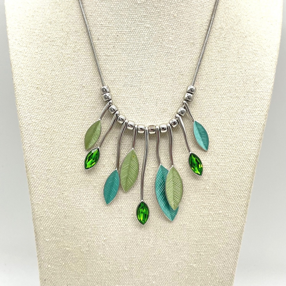 Silver‎ Tone Green Enamel Leaf Crystal Fringe Statement Necklace Adjustable 19in